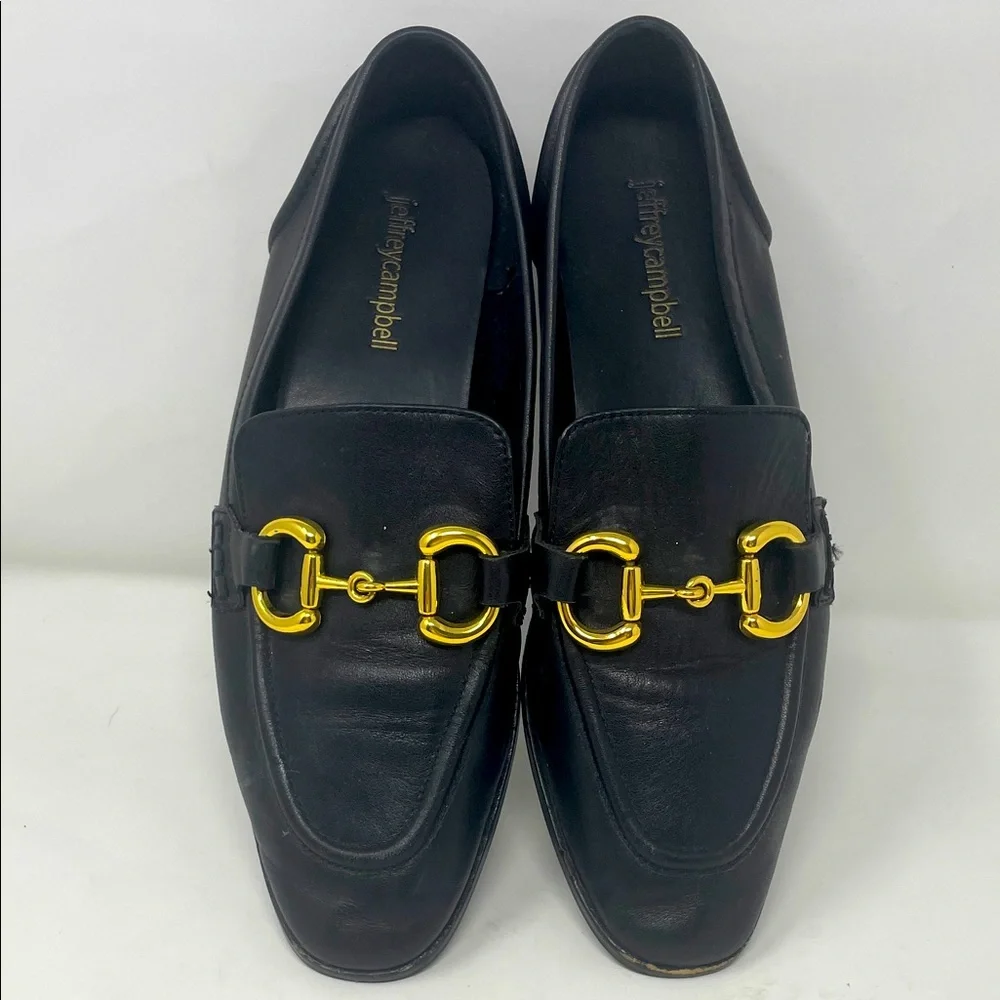 Jeffrey Campbell Black Leather Gold Accent Horsebit Slip On Loafers Size 8.5